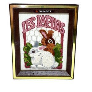 Vtg 1982 Sunset Les Lapins Crewel French The Rabbits 5" x 6" Completed Framed